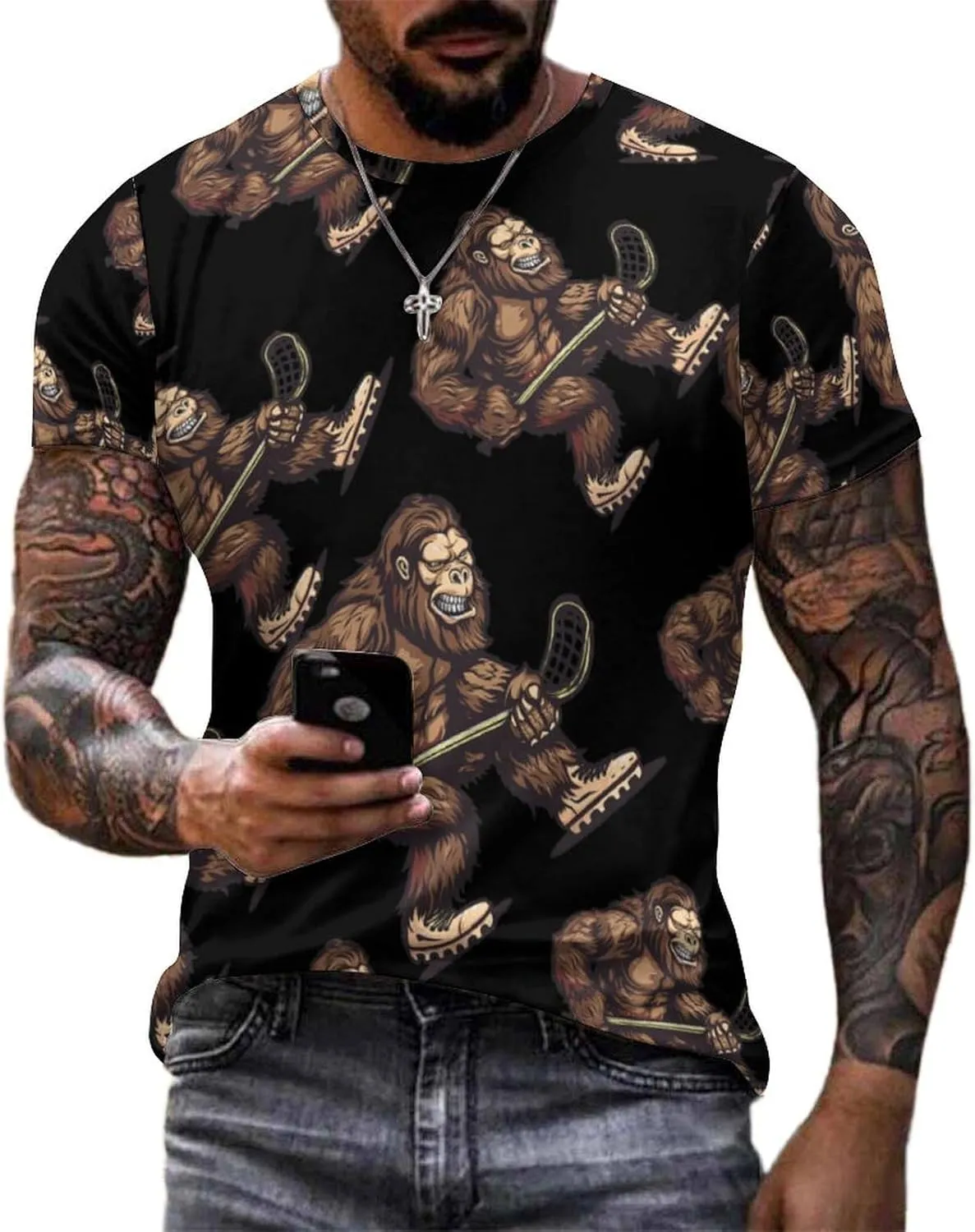 Bigfoot Sasquatch Lacrosse Funny Player Men's T-Shirts Short Sleeve Tee Hawaiian Shirt Summer Tops Casual Workout Shirts