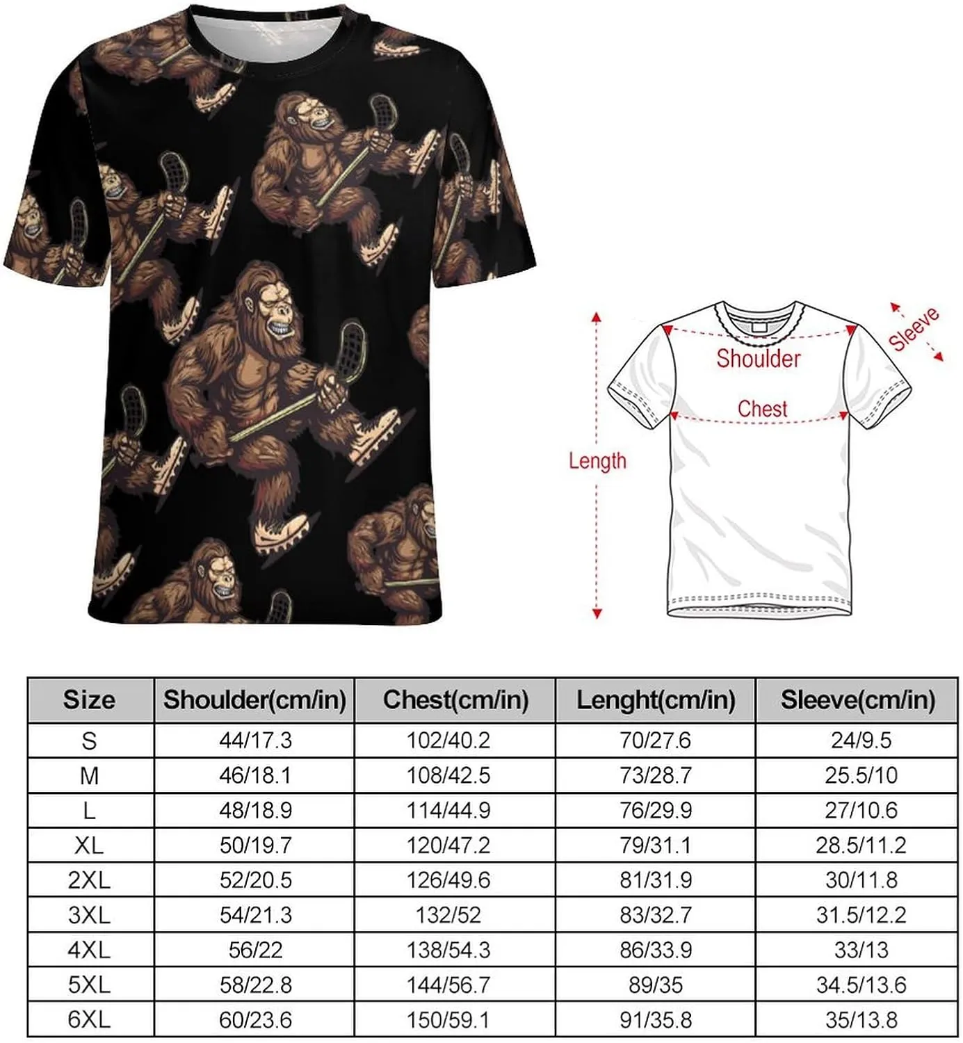 Bigfoot Sasquatch Lacrosse Funny Player Men's T-Shirts Short Sleeve Tee Hawaiian Shirt Summer Tops Casual Workout Shirts