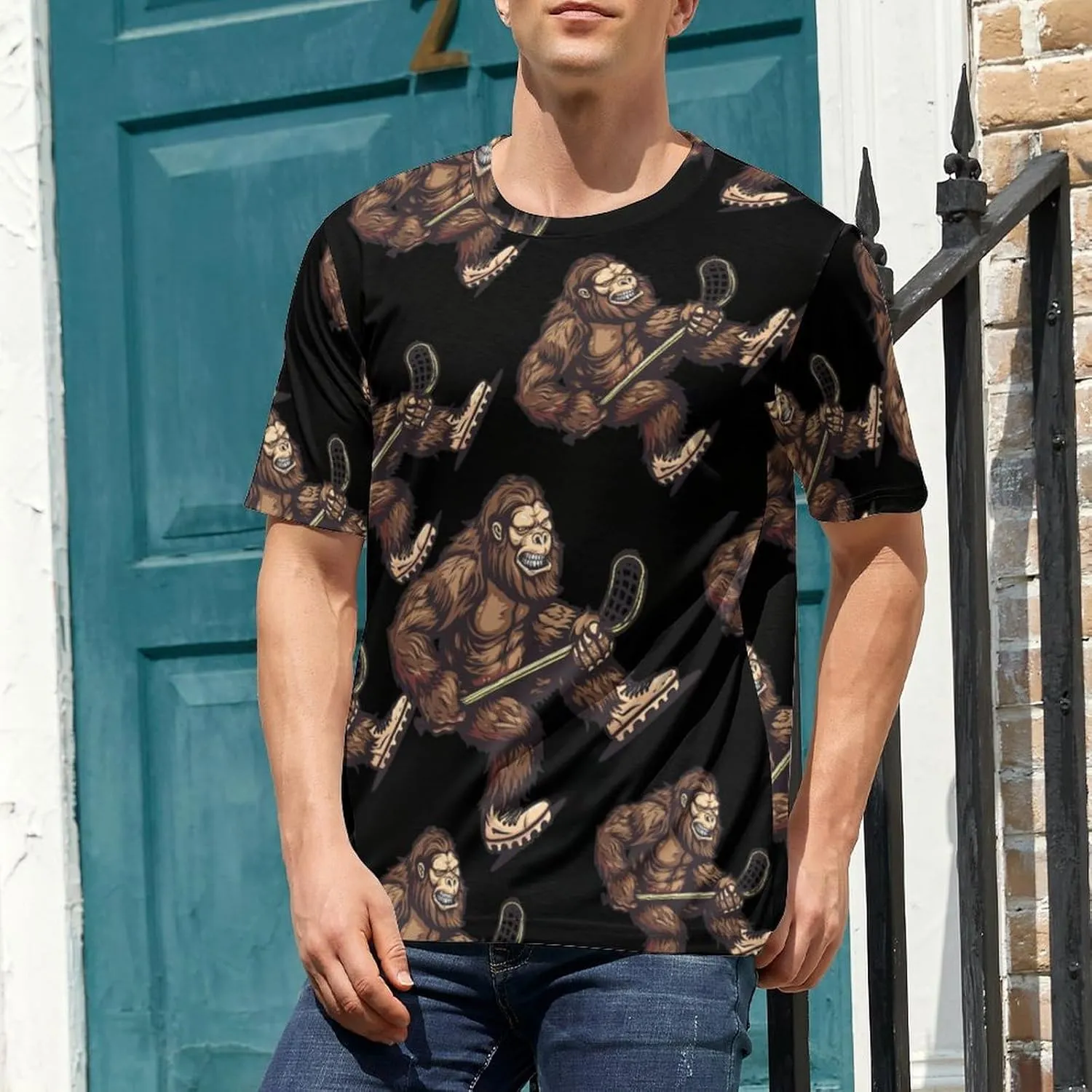 Bigfoot Sasquatch Lacrosse Funny Player Men's T-Shirts Short Sleeve Tee Hawaiian Shirt Summer Tops Casual Workout Shirts