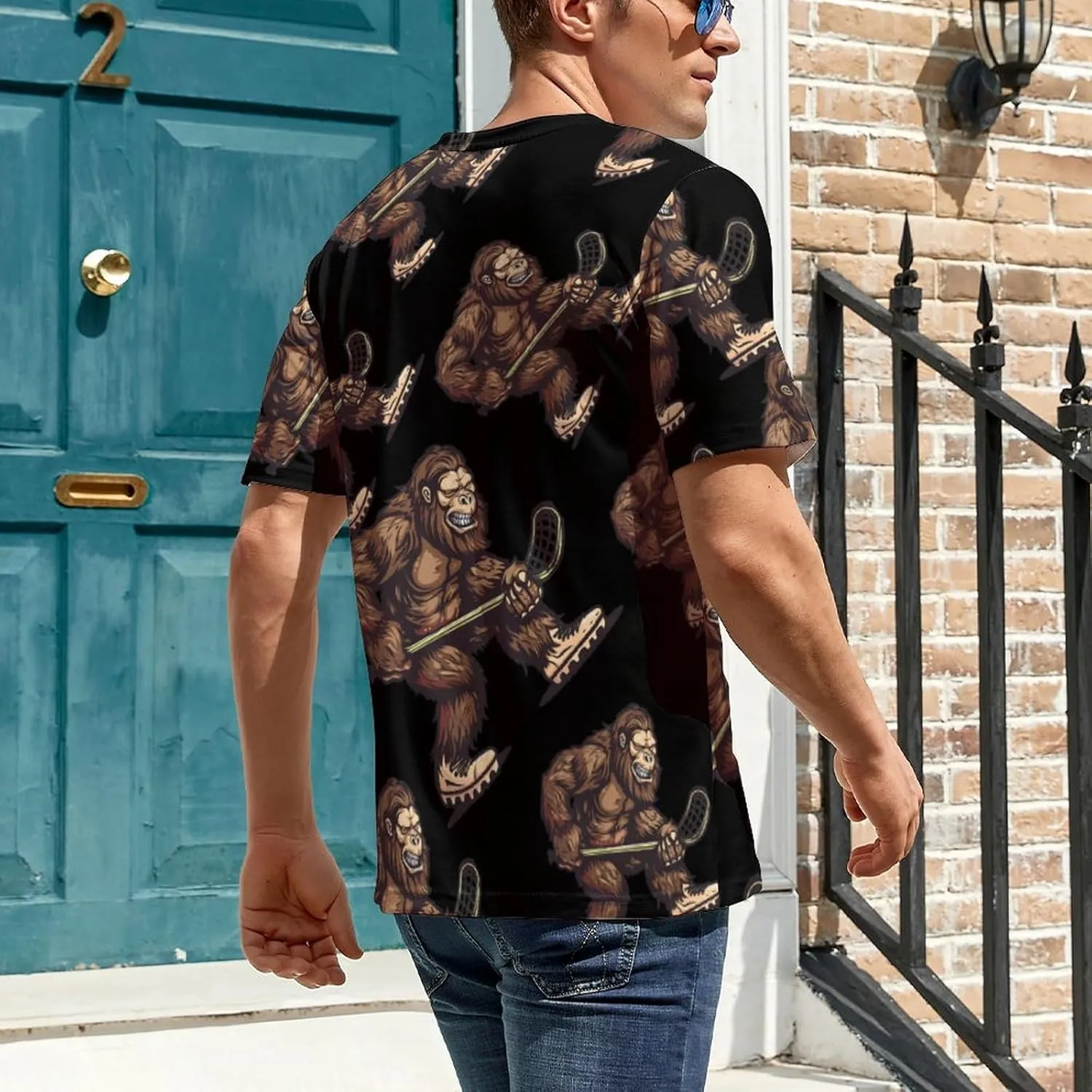 Bigfoot Sasquatch Lacrosse Funny Player Men's T-Shirts Short Sleeve Tee Hawaiian Shirt Summer Tops Casual Workout Shirts