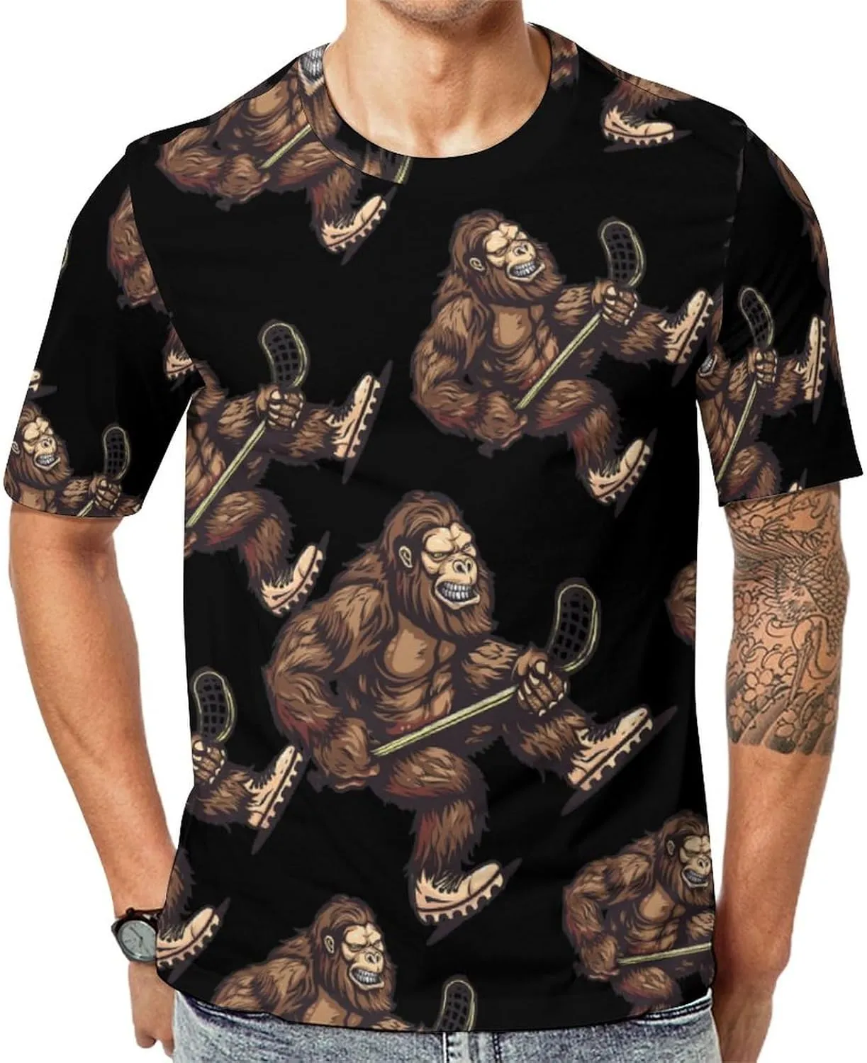 Bigfoot Sasquatch Lacrosse Funny Player Men's T-Shirts Short Sleeve Tee Hawaiian Shirt Summer Tops Casual Workout Shirts