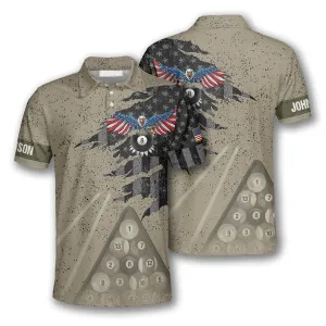 Billiard Eagle Retro Flag Custom Billiard Shirts for Men, Flag American Billiard Shirt, Men's Billiard Polo Shirt