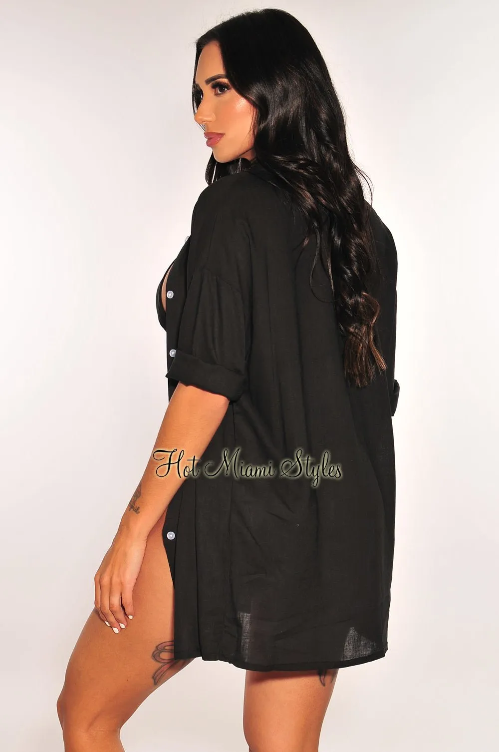 Black Collared Button Up ¾ Sleeves Cover Up Shirt
