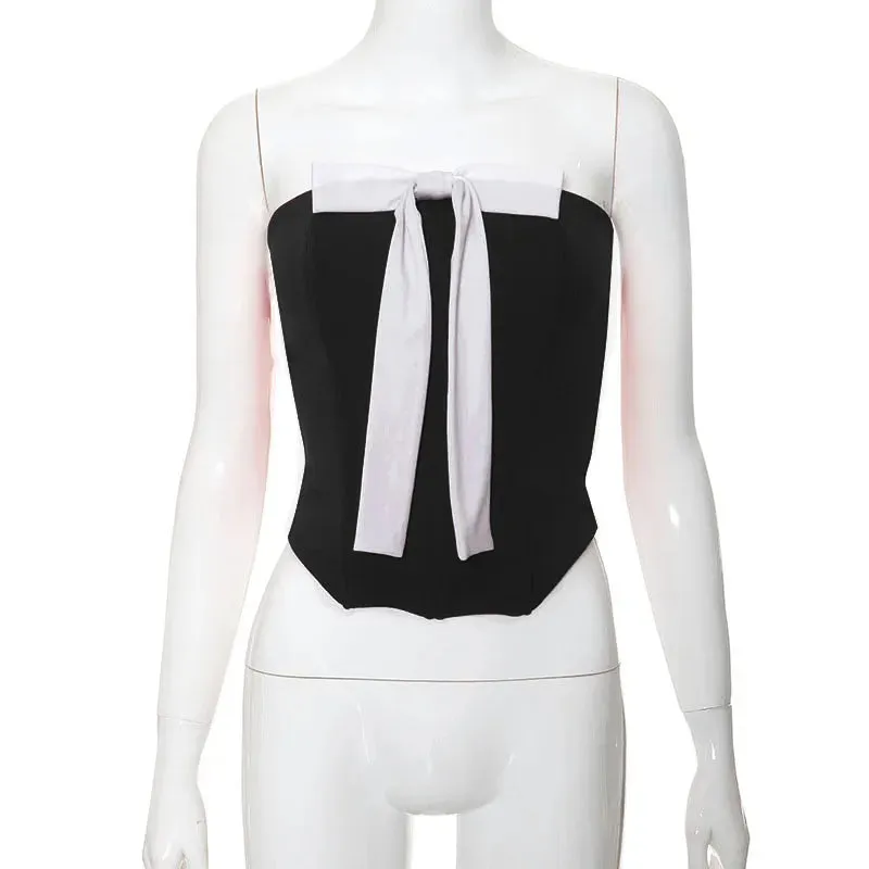 Bow Splice Sexy Off Shoulder Backless Bodycon Club Solid Party Slim Crop Top