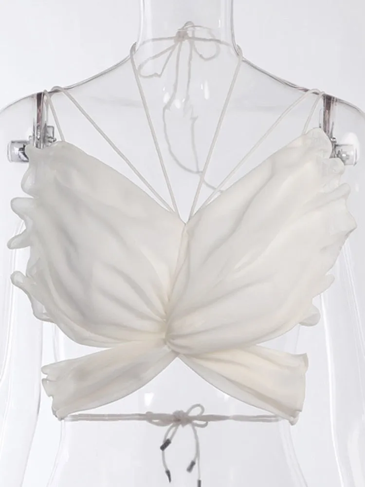 Butterfly Shape Sleeveless Hollow Out Backless White Chiffon Camis