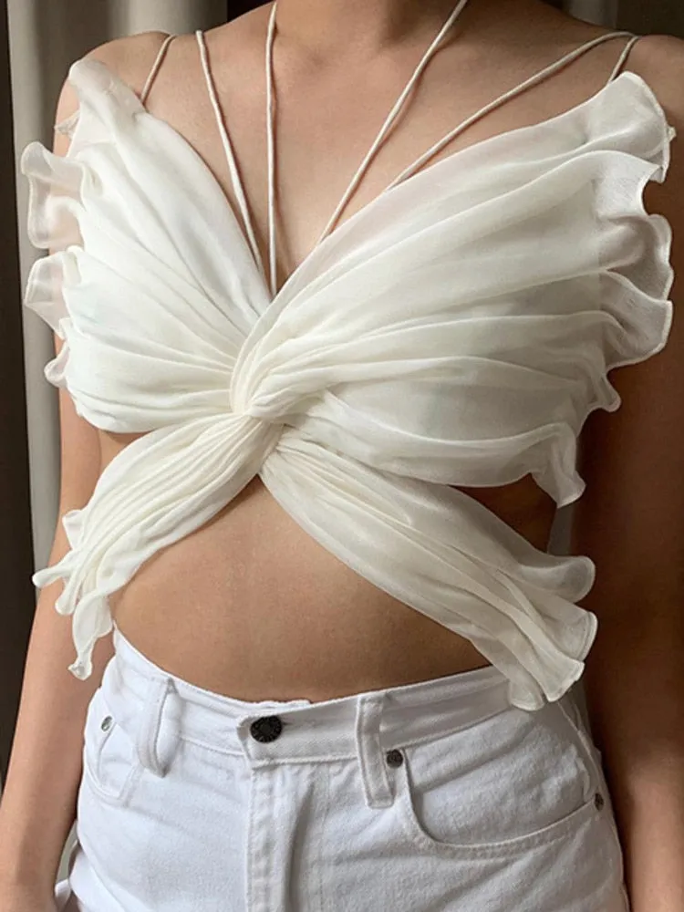 Butterfly Shape Sleeveless Hollow Out Backless White Chiffon Camis