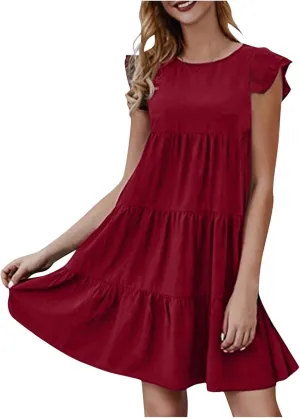 Dresses for Women Summer Casual Dress Mini Beach Party Dresses Cap Sleeve Sundresses Ruffle Flowy Dress Boho Dress