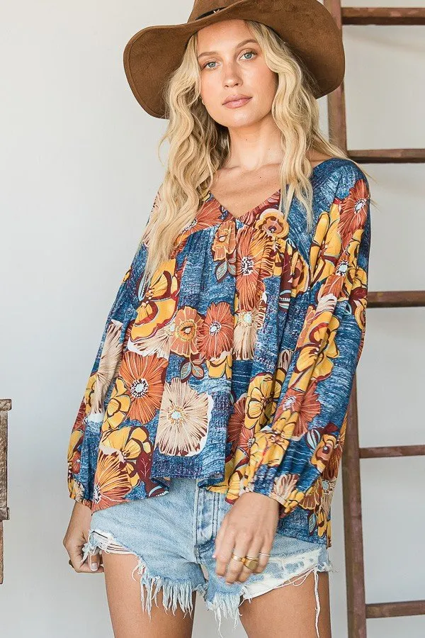 Floral Print Puff Sleeve Collared Flowy Babydoll Top