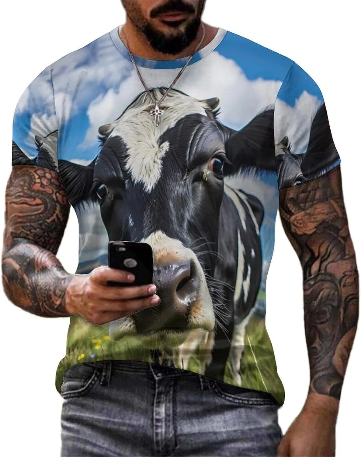Funny Cow Farm Animal Men's T-Shirts Short Sleeve Tee Hawaiian Shirt Summer Tops Casual Workout Shirts