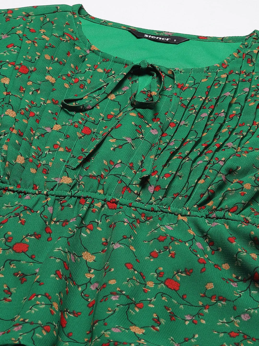 Green Floral Print Tie-Up Neck Georgette Peplum Top