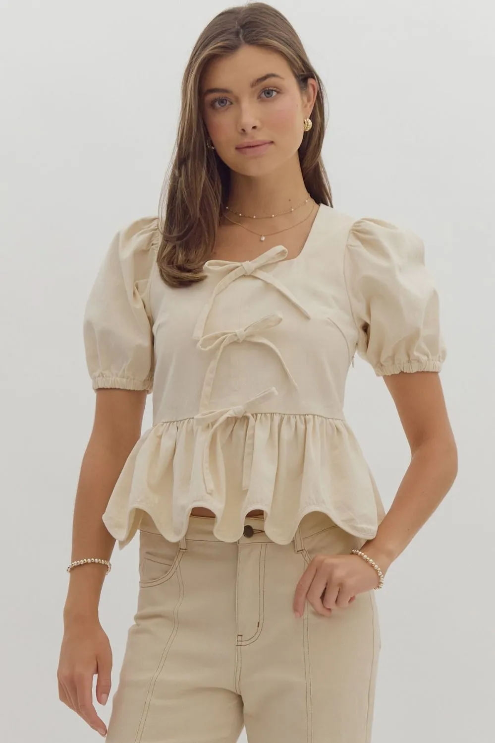 Heather Square Neck Puff Sleeve Peplum Top *FINAL SALE*