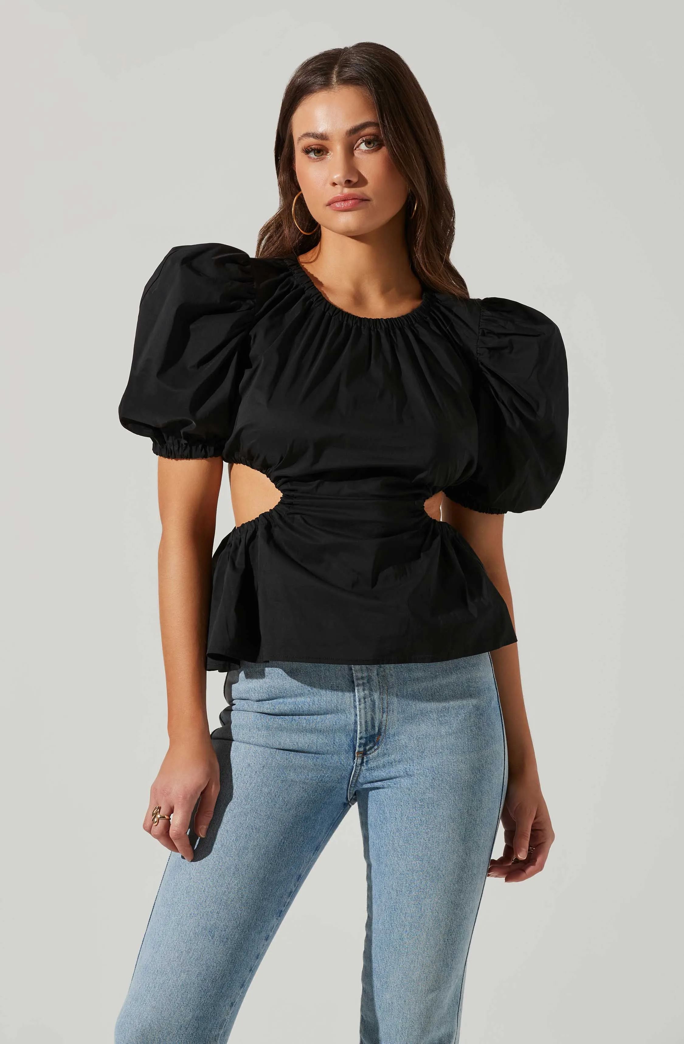 Juno Side Cutout Puff Sleeve Peplum Top
