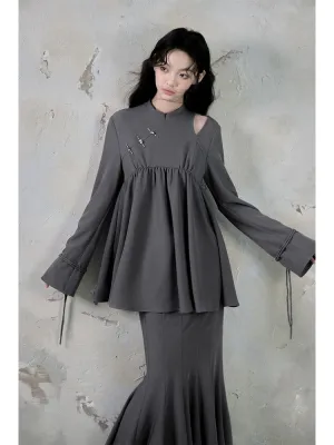 Mao Collar Switching Peplum Tops & Mermaid Skirt【s0000004393】