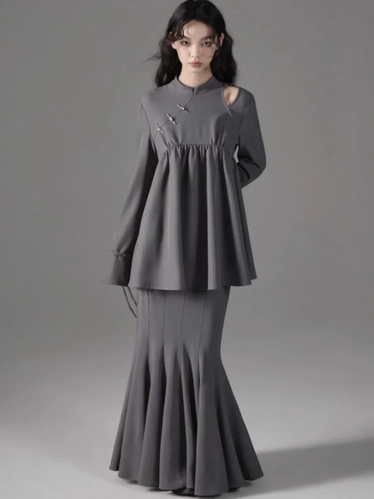 Mao Collar Switching Peplum Tops & Mermaid Skirt【s0000004393】