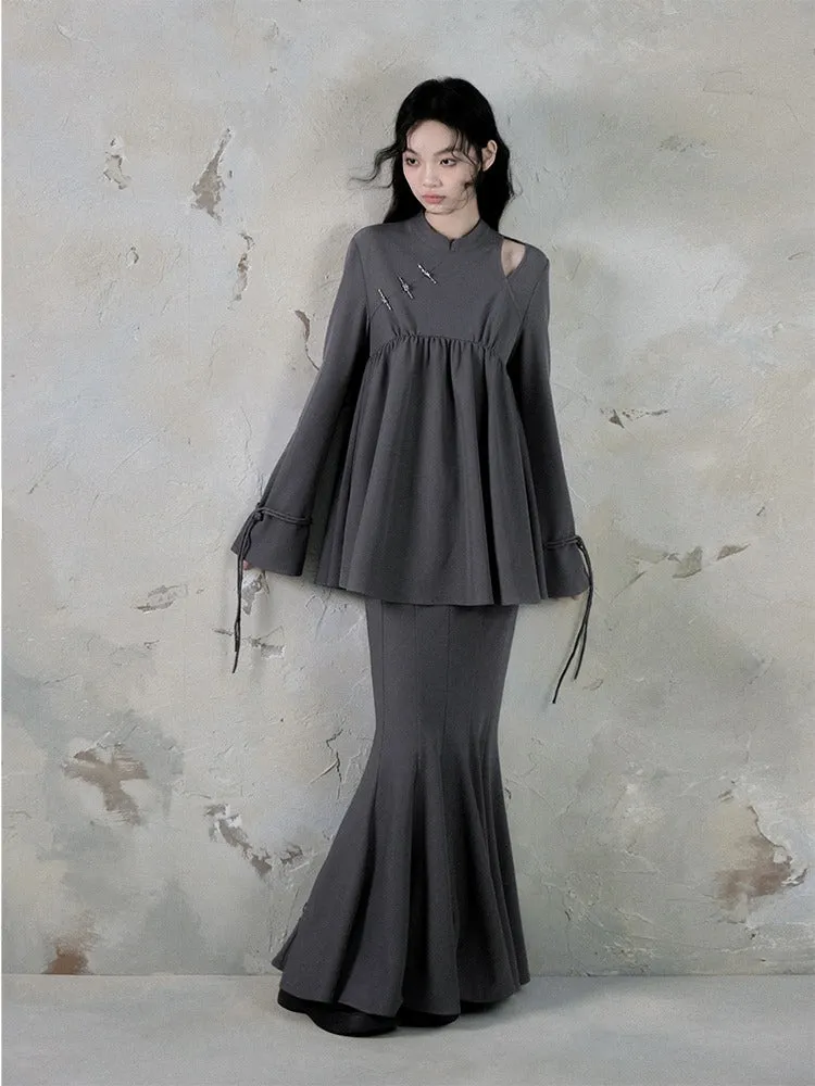 Mao Collar Switching Peplum Tops & Mermaid Skirt【s0000004393】