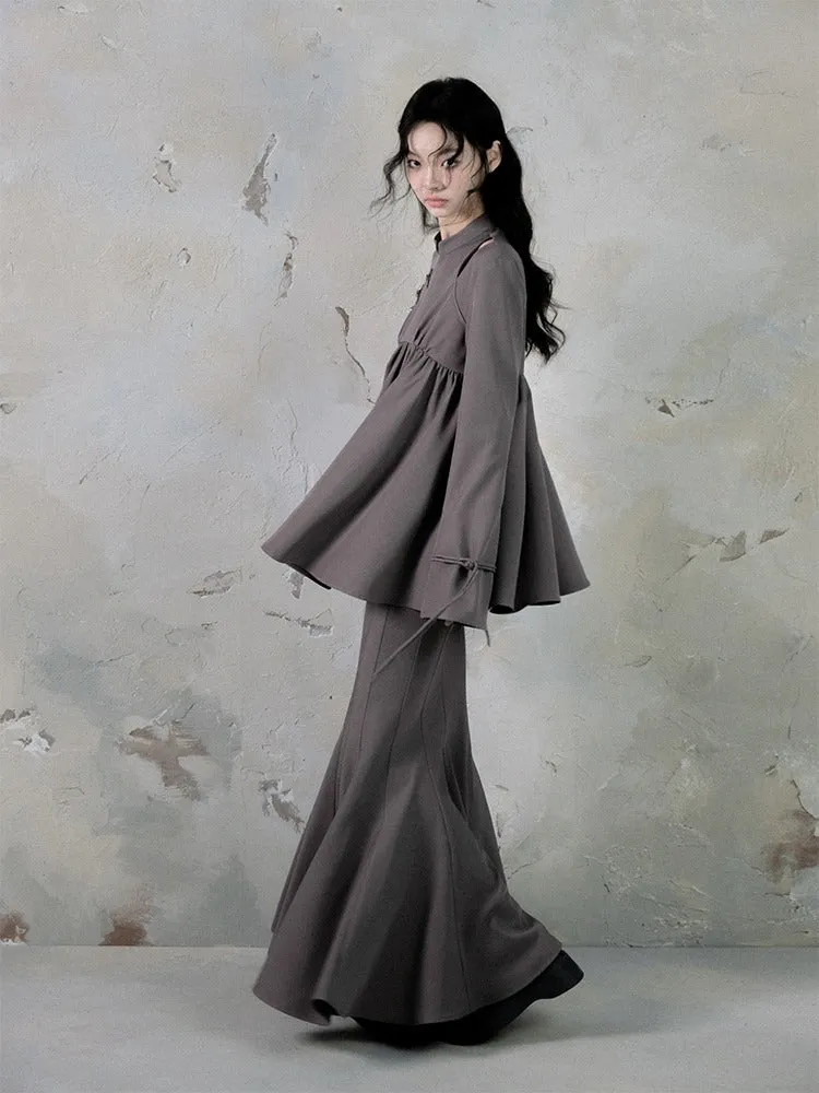 Mao Collar Switching Peplum Tops & Mermaid Skirt【s0000004393】