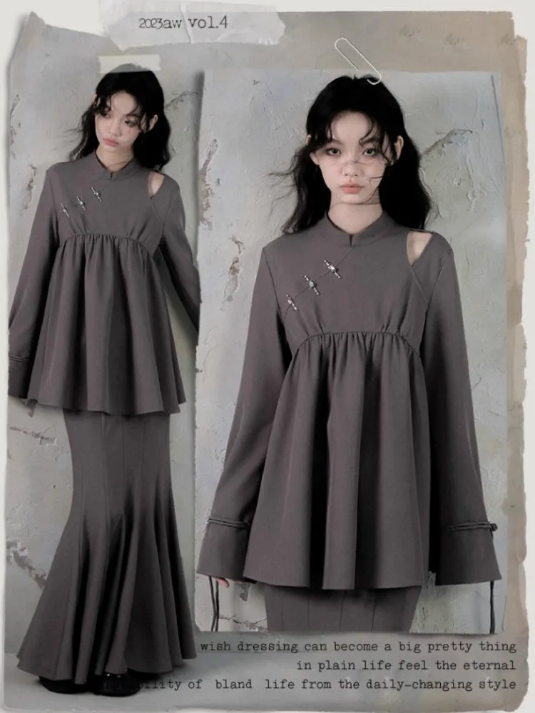 Mao Collar Switching Peplum Tops & Mermaid Skirt【s0000004393】