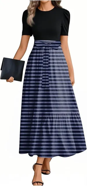 Maxi Striped Prints 2025 Dresses, Beach Boho Women's Jumpsuits Trendy Bow Crew Neck Rompers for Women