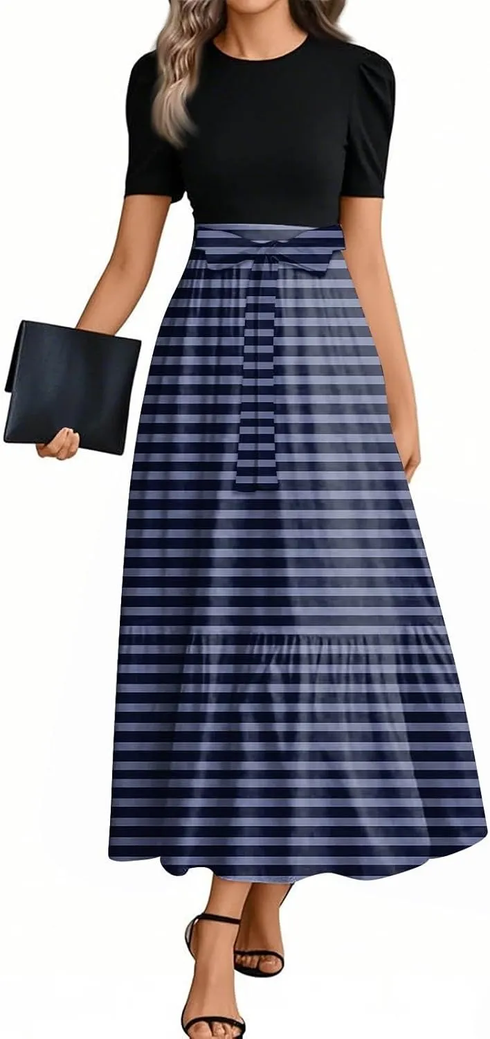 Maxi Striped Prints 2025 Dresses, Beach Boho Women's Jumpsuits Trendy Bow Crew Neck Rompers for Women