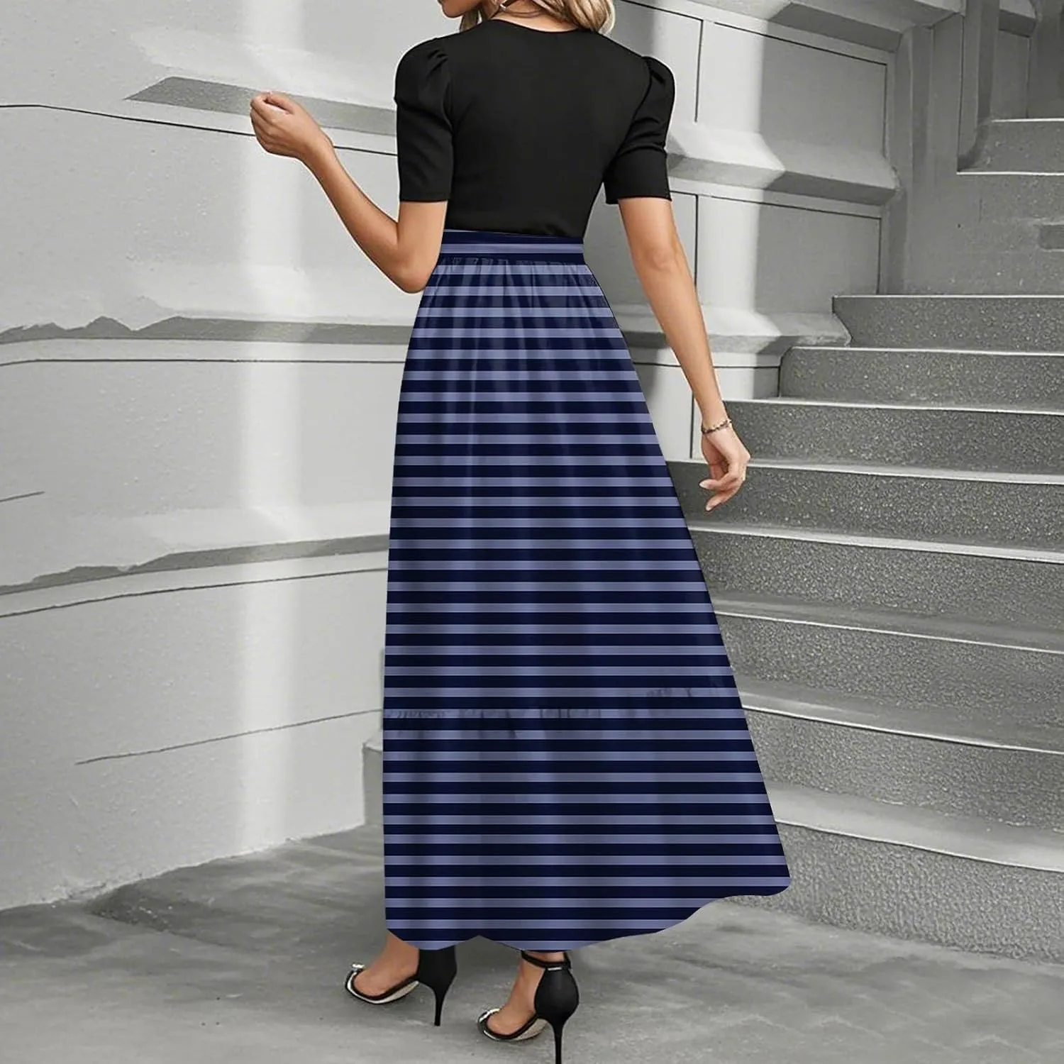 Maxi Striped Prints 2025 Dresses, Beach Boho Women's Jumpsuits Trendy Bow Crew Neck Rompers for Women