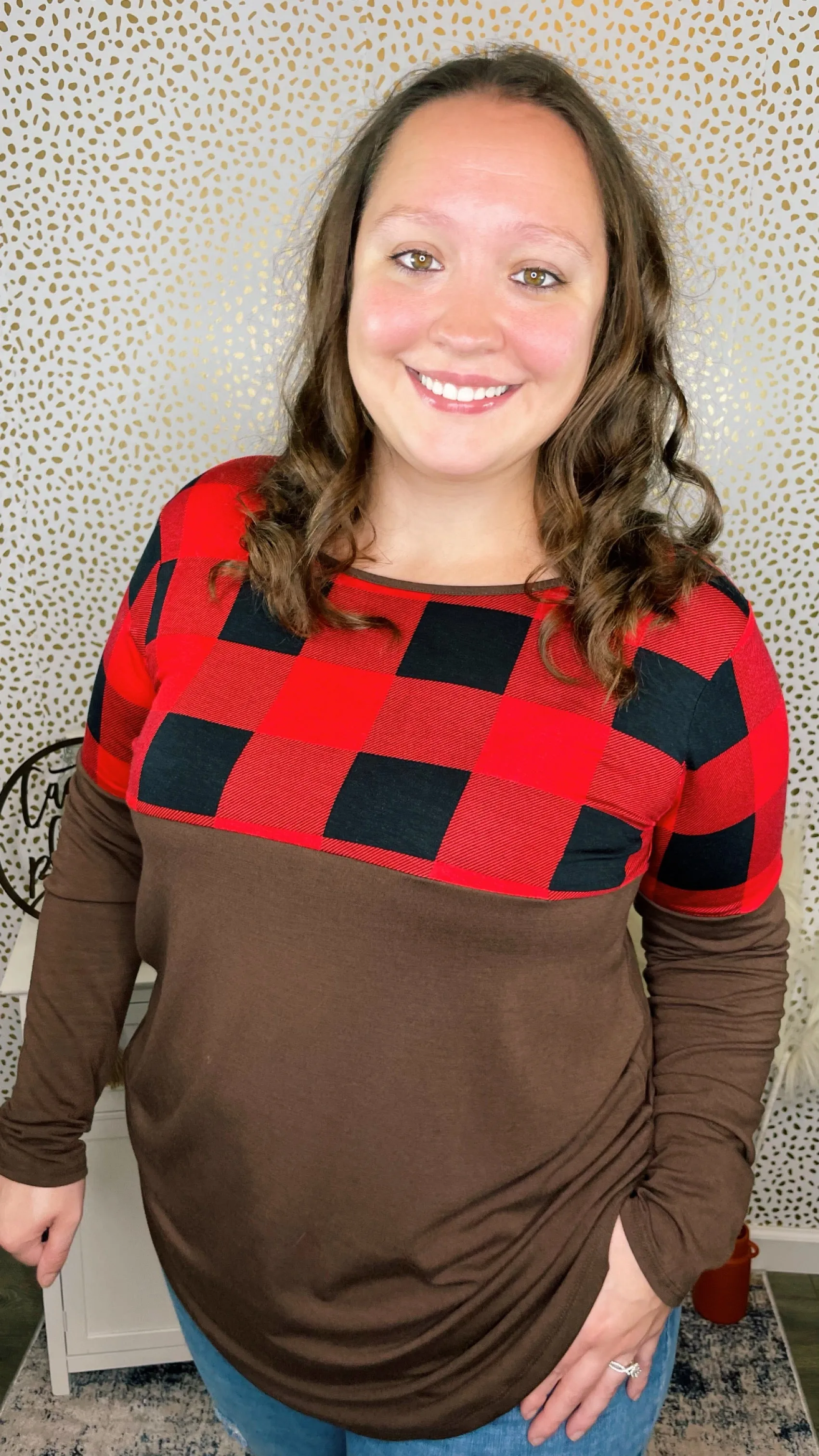 Plaid Color Block Long Sleeve Mocha