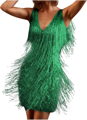 Sequin Dress for Women Mini Bodycon Dresses Fringe Tassel Party Dress Sexy V Neck Dresses Mini Prom Dress 2025