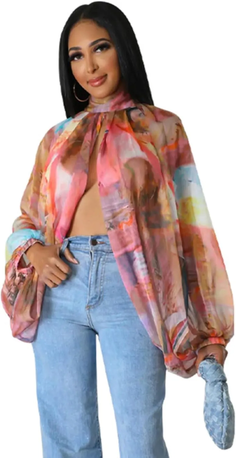 Sexy Tops for Women Party Club Night Batwing Sleeve Chiffon Sheer Self Tie Back Front Open Women Shirts Casual Summer