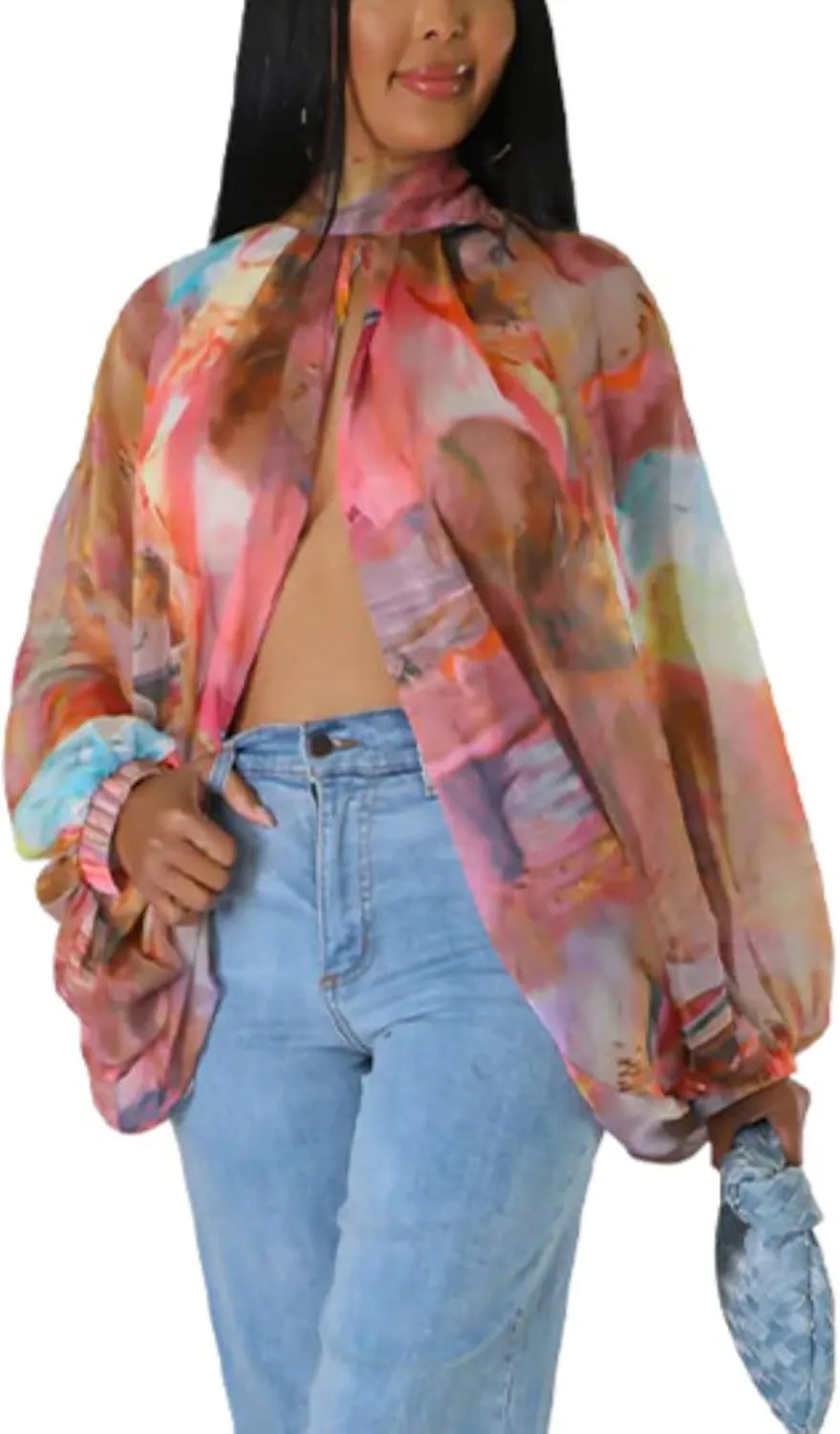 Sexy Tops for Women Party Club Night Batwing Sleeve Chiffon Sheer Self Tie Back Front Open Women Shirts Casual Summer