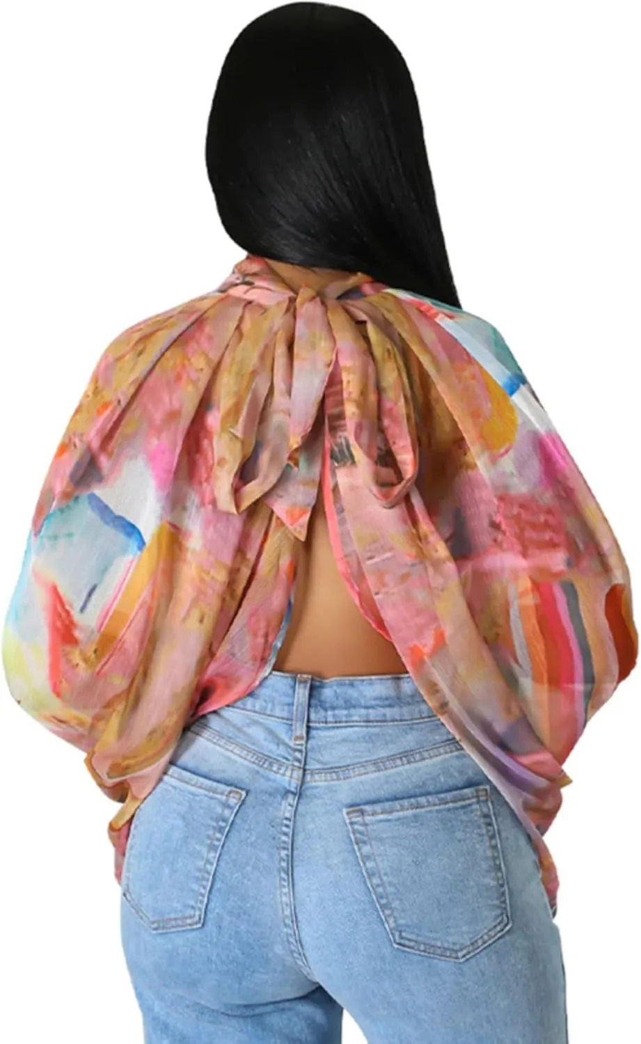 Sexy Tops for Women Party Club Night Batwing Sleeve Chiffon Sheer Self Tie Back Front Open Women Shirts Casual Summer