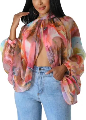Sexy Tops for Women Party Club Night Batwing Sleeve Chiffon Sheer Self Tie Back Front Open Women Shirts Casual Summer