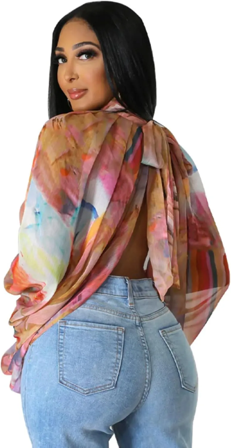 Sexy Tops for Women Party Club Night Batwing Sleeve Chiffon Sheer Self Tie Back Front Open Women Shirts Casual Summer