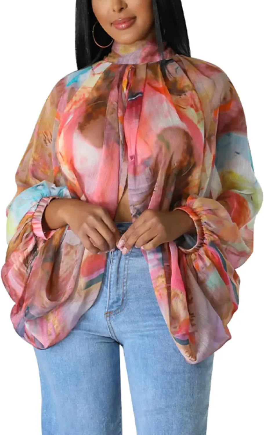 Sexy Tops for Women Party Club Night Batwing Sleeve Chiffon Sheer Self Tie Back Front Open Women Shirts Casual Summer