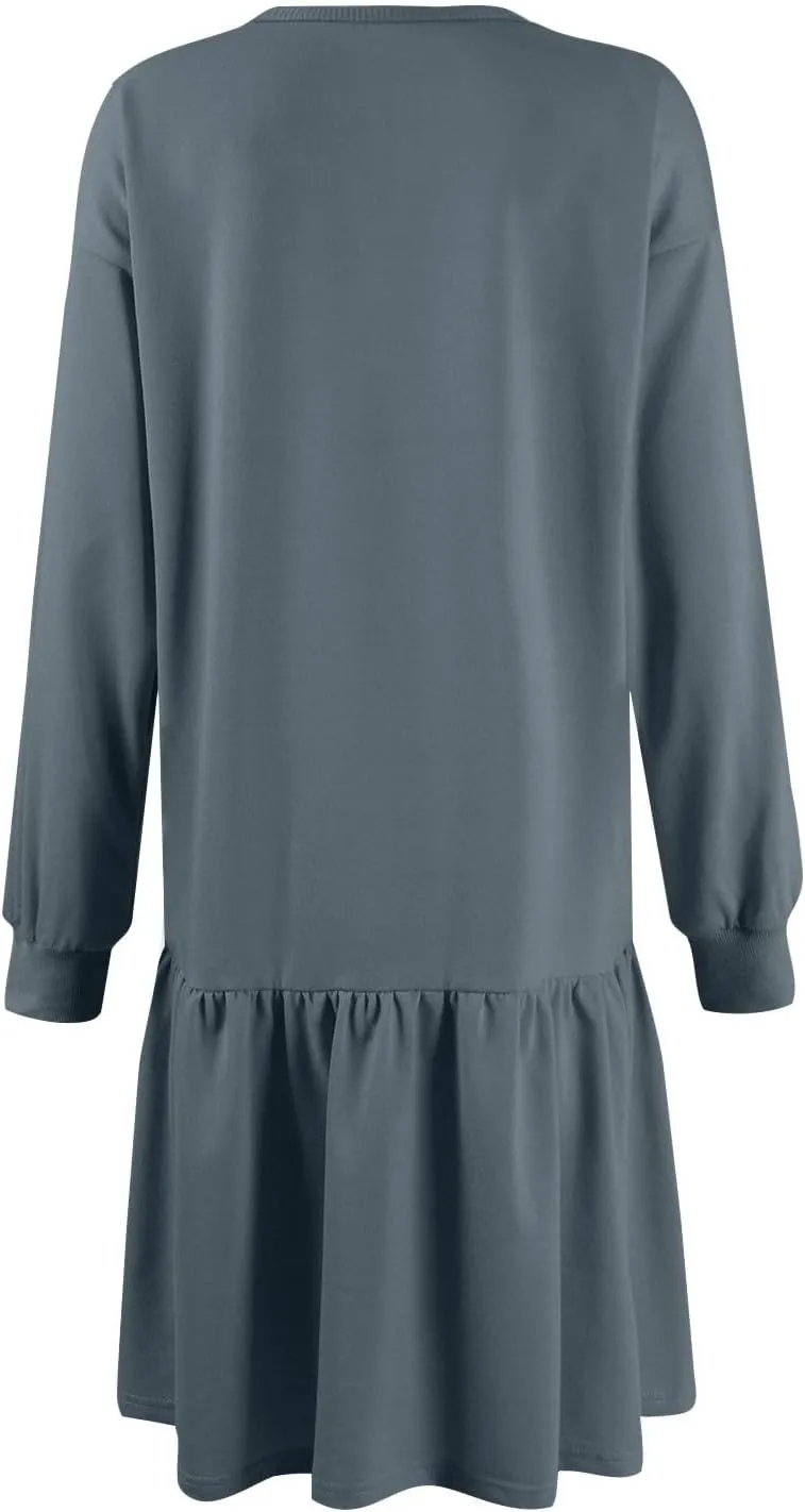slqdgmryz Sweatshirt Dress Women Fall Crewneck Sweatshirts Oversized Long Sleeve Mini Dress Ruffle Patchwork Sweatshirt