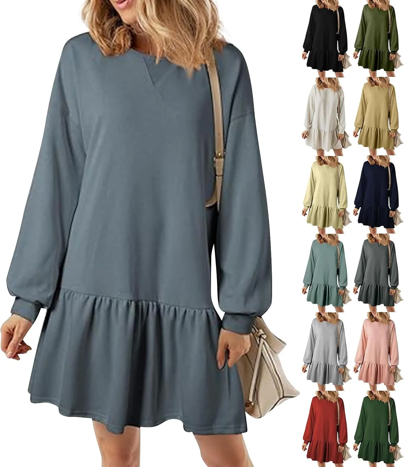 slqdgmryz Sweatshirt Dress Women Fall Crewneck Sweatshirts Oversized Long Sleeve Mini Dress Ruffle Patchwork Sweatshirt