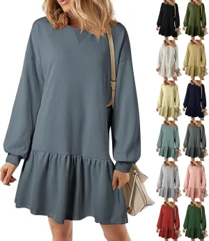 slqdgmryz Sweatshirt Dress Women Fall Crewneck Sweatshirts Oversized Long Sleeve Mini Dress Ruffle Patchwork Sweatshirt