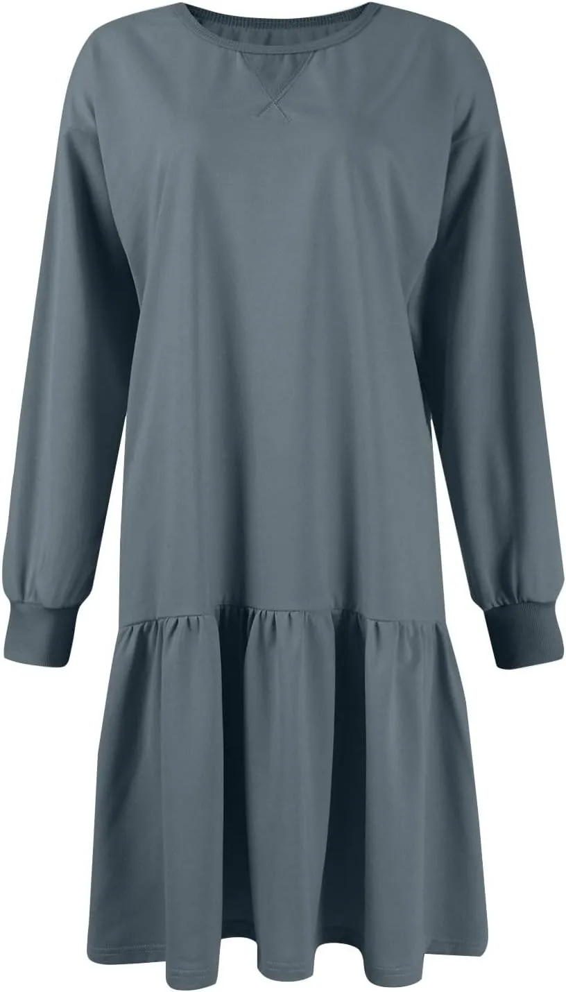 slqdgmryz Sweatshirt Dress Women Fall Crewneck Sweatshirts Oversized Long Sleeve Mini Dress Ruffle Patchwork Sweatshirt