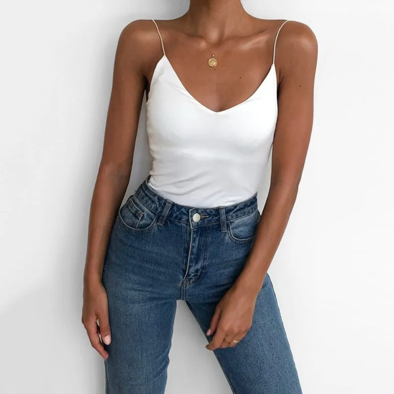 Spaghetti Strap Top V Neck Off Shoulder Sleeveless Solid Color Backless  Basic Tops Female Breathable 2020 Camisole