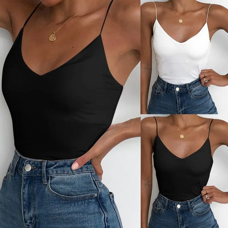 Spaghetti Strap Top V Neck Off Shoulder Sleeveless Solid Color Backless  Basic Tops Female Breathable 2020 Camisole