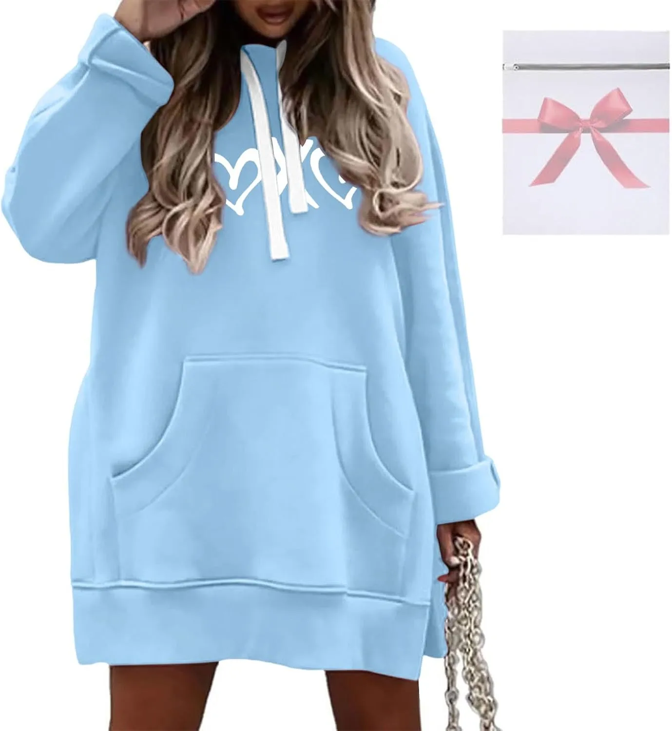 The Warmy Oversized Hoodie Dress,Valentine's Day Dress for Women with Pocket Funny Heart Print Split Hem Hoodies