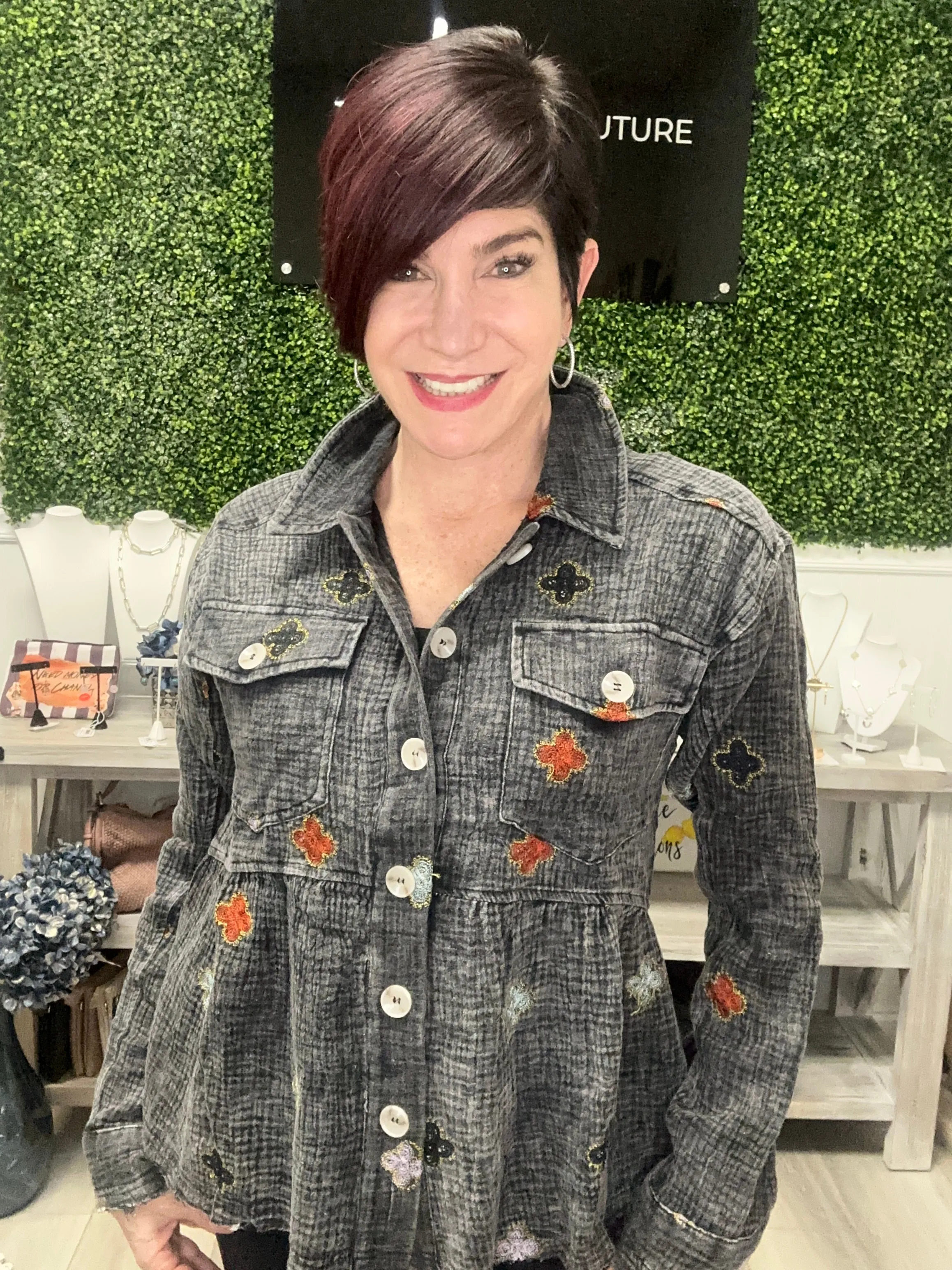 Washed Peplum Embroidered Top