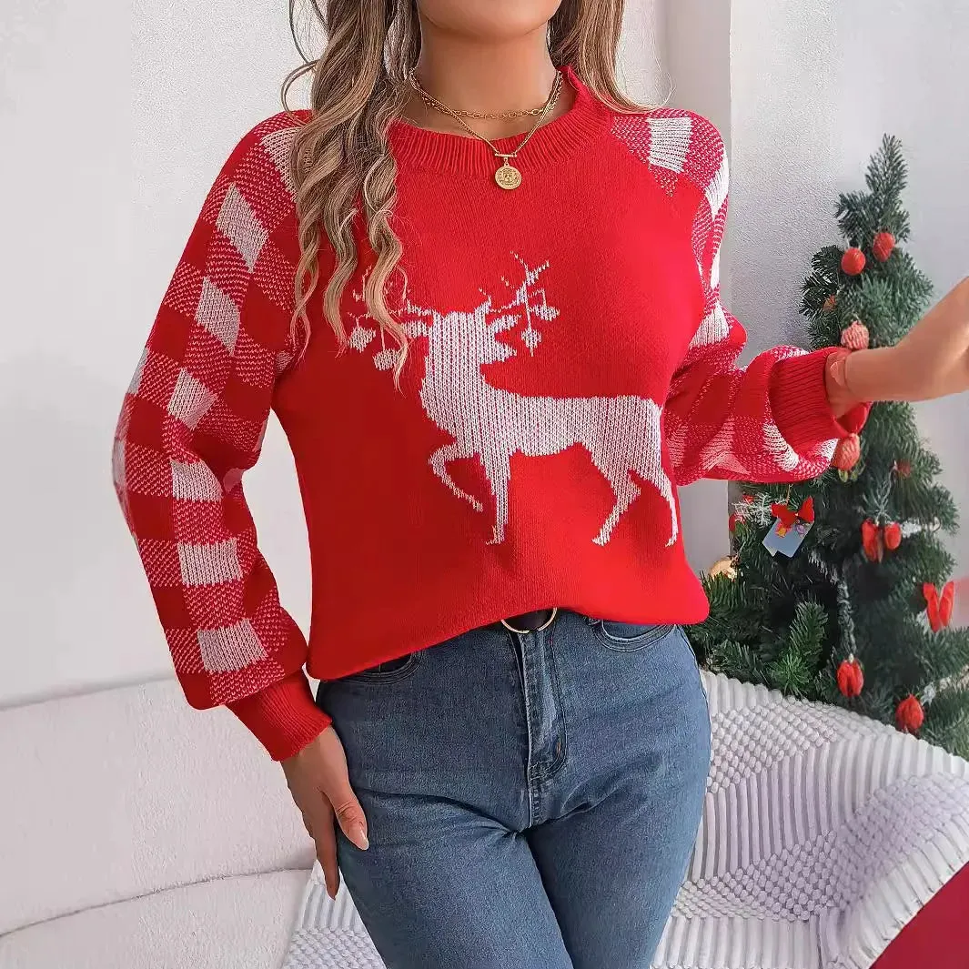 Wenkouban-Christmas Thanksgiving outfits_Checkered Deer Long Sleeve Hoodie Red Green Knitted Pullover New Year Christmas Sweater