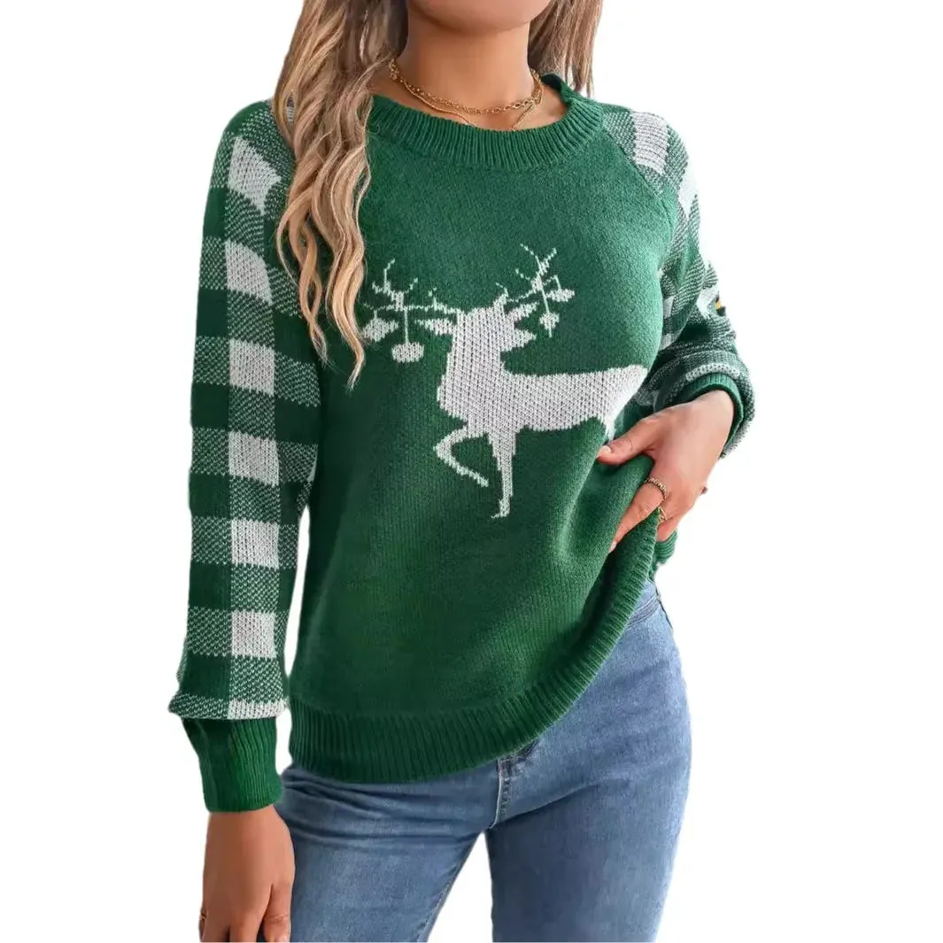 Wenkouban-Christmas Thanksgiving outfits_Checkered Deer Long Sleeve Hoodie Red Green Knitted Pullover New Year Christmas Sweater