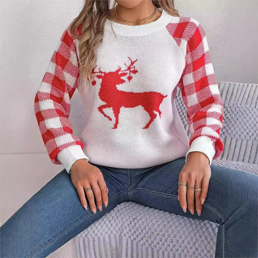 Wenkouban-Christmas Thanksgiving outfits_Loose Round Neck Knitted Autumn Winter Plaid Long Sleeved Christmas Christmas Sweater