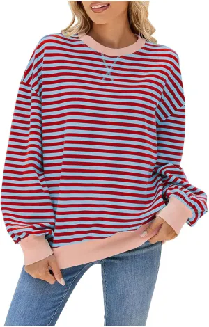 Women Long Sleeve Oversized Sweatshirts Striped Colors Block Pullover Tops Comfort Crewneck Hoodies Trendy Clothes