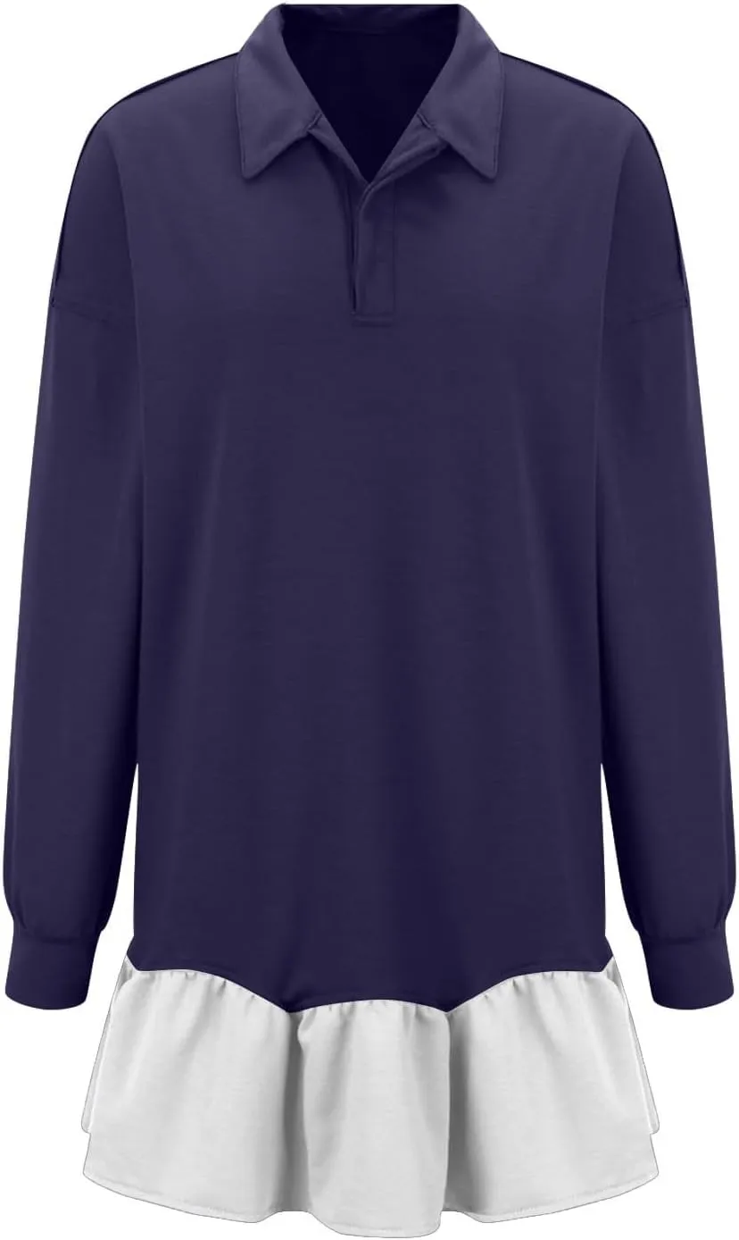 Women Oversized Sweatshirt Dress Collared Pleated Sweatshirt Dresses Casual Flowy Long Sleeve Swing Mini Dresses