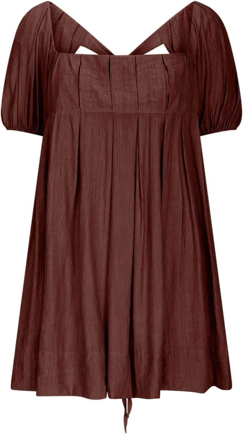 Women Summer Babydoll Dresses Flowy Mini Dress Square Neck Front Pleated Sundresses Back Tie Ruffle Aline Short Dress