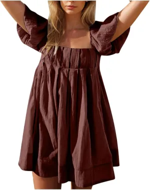 Women Summer Babydoll Dresses Flowy Mini Dress Square Neck Front Pleated Sundresses Back Tie Ruffle Aline Short Dress