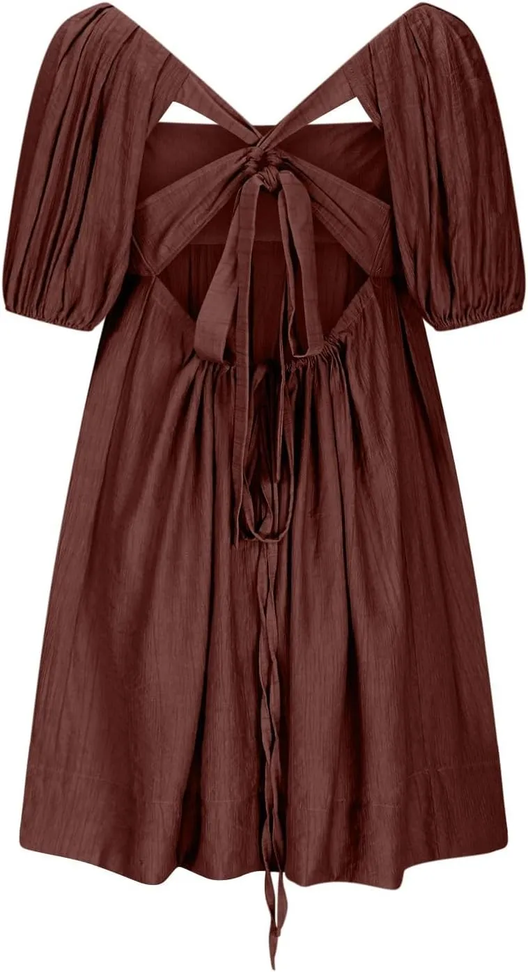 Women Summer Babydoll Dresses Flowy Mini Dress Square Neck Front Pleated Sundresses Back Tie Ruffle Aline Short Dress