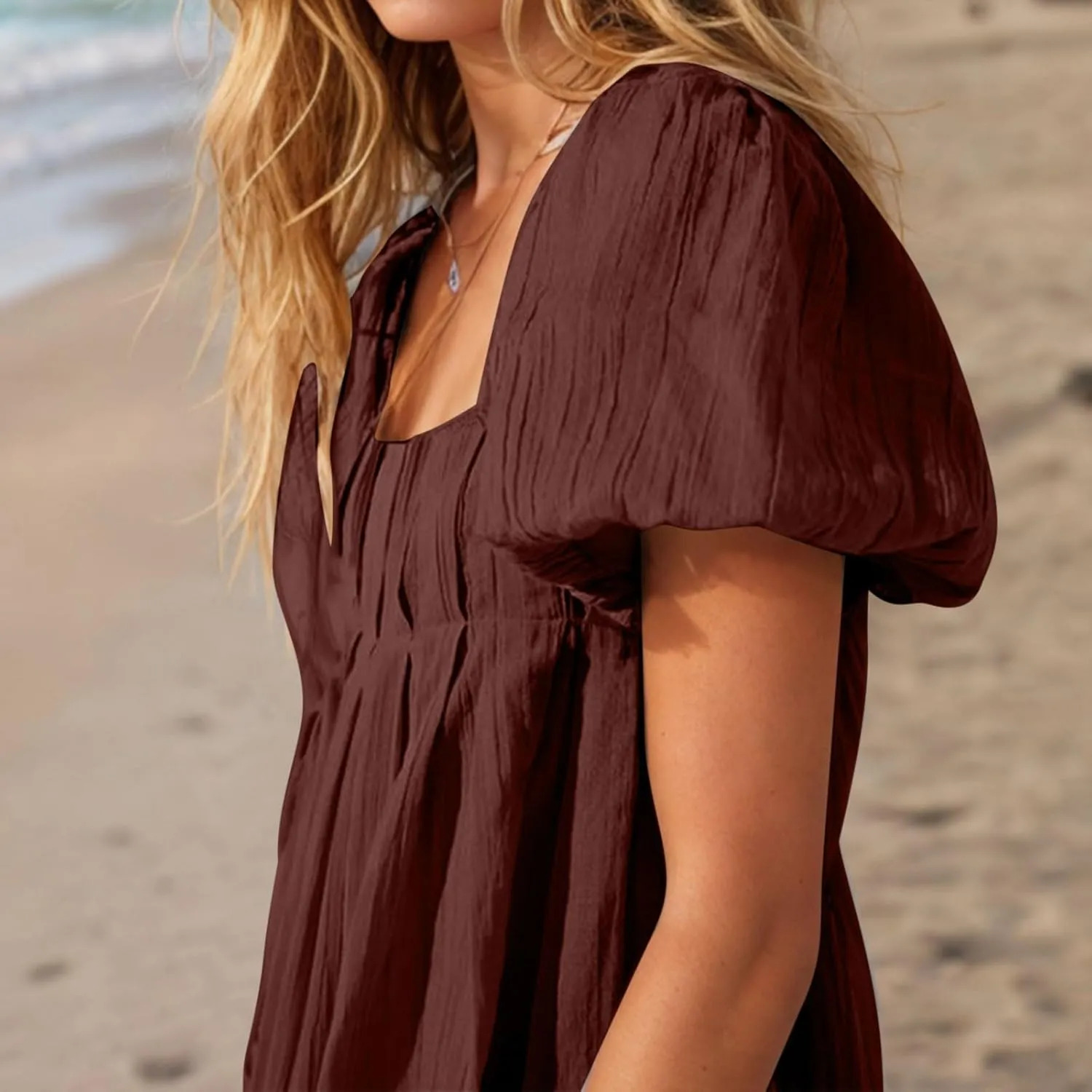 Women Summer Babydoll Dresses Flowy Mini Dress Square Neck Front Pleated Sundresses Back Tie Ruffle Aline Short Dress