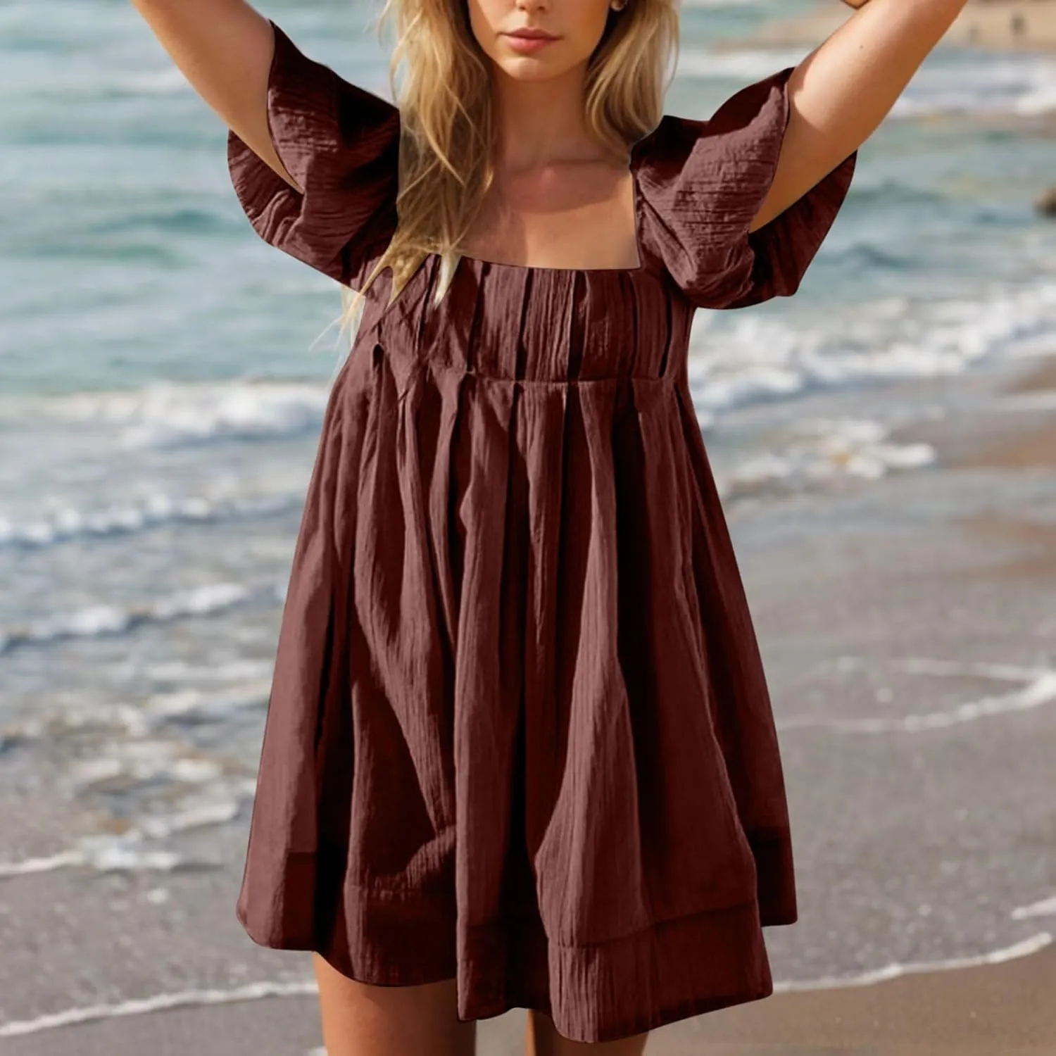 Women Summer Babydoll Dresses Flowy Mini Dress Square Neck Front Pleated Sundresses Back Tie Ruffle Aline Short Dress